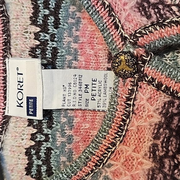 Koret Cottagecore Women's Petite Pink Blue Striped Lambswool Cardigan - Picture 3 of 5